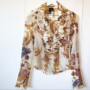 Roberto Cavalli Just Cavalli Vintage Ruffle Front Baroque Print Blouse